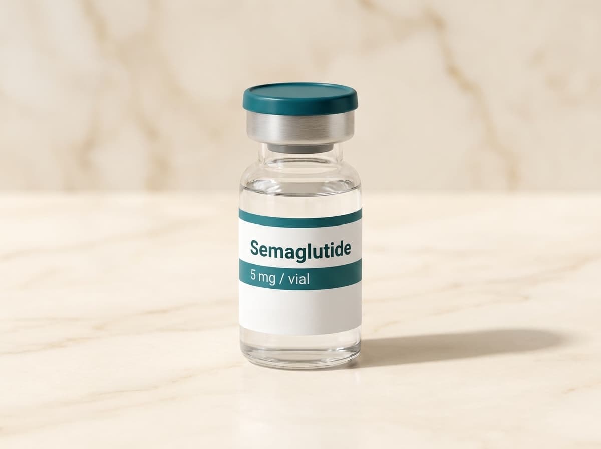 A glass medication vial of Compounded Semaglutide