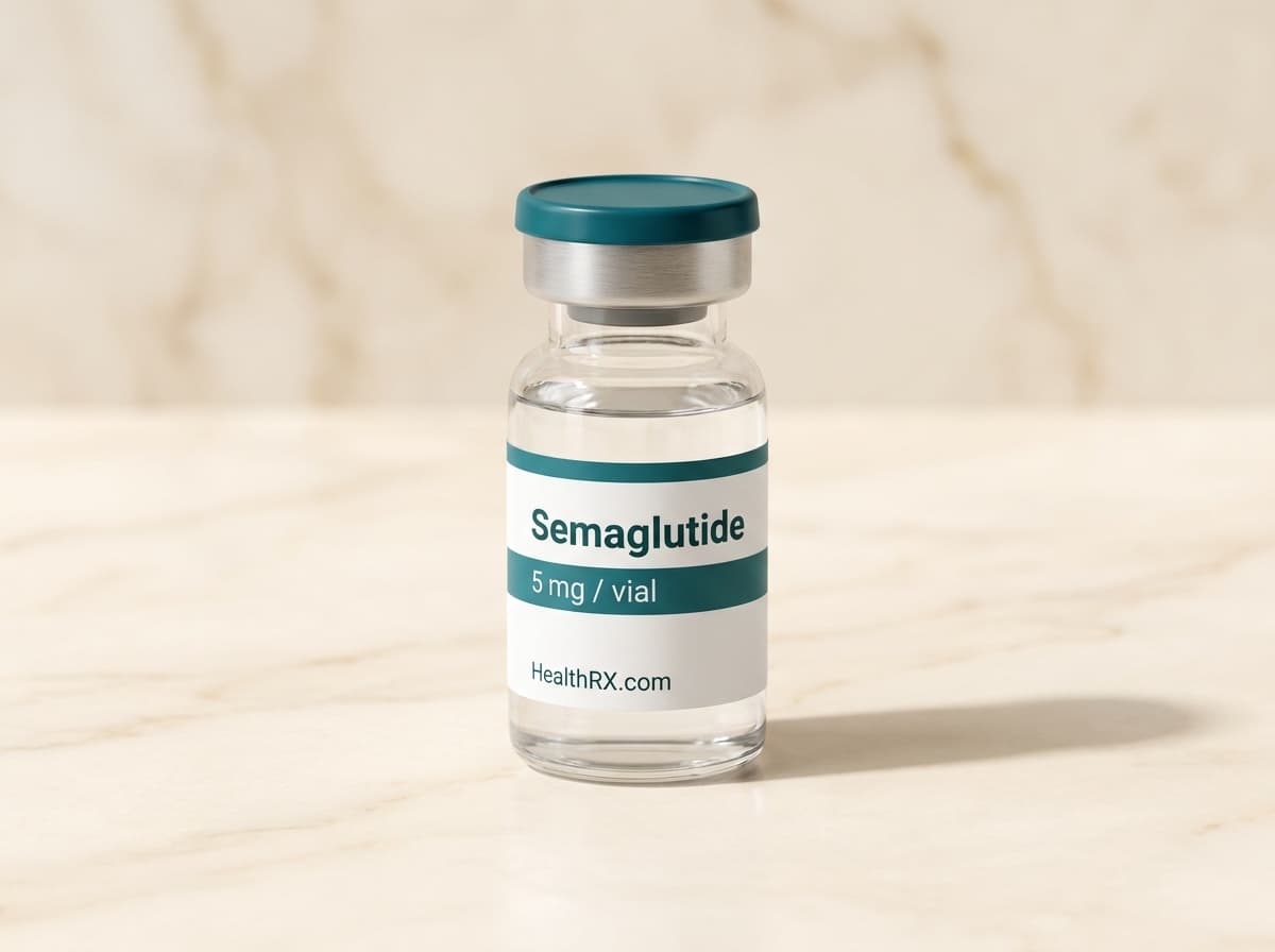 A glass medication vial of Compounded Semaglutide