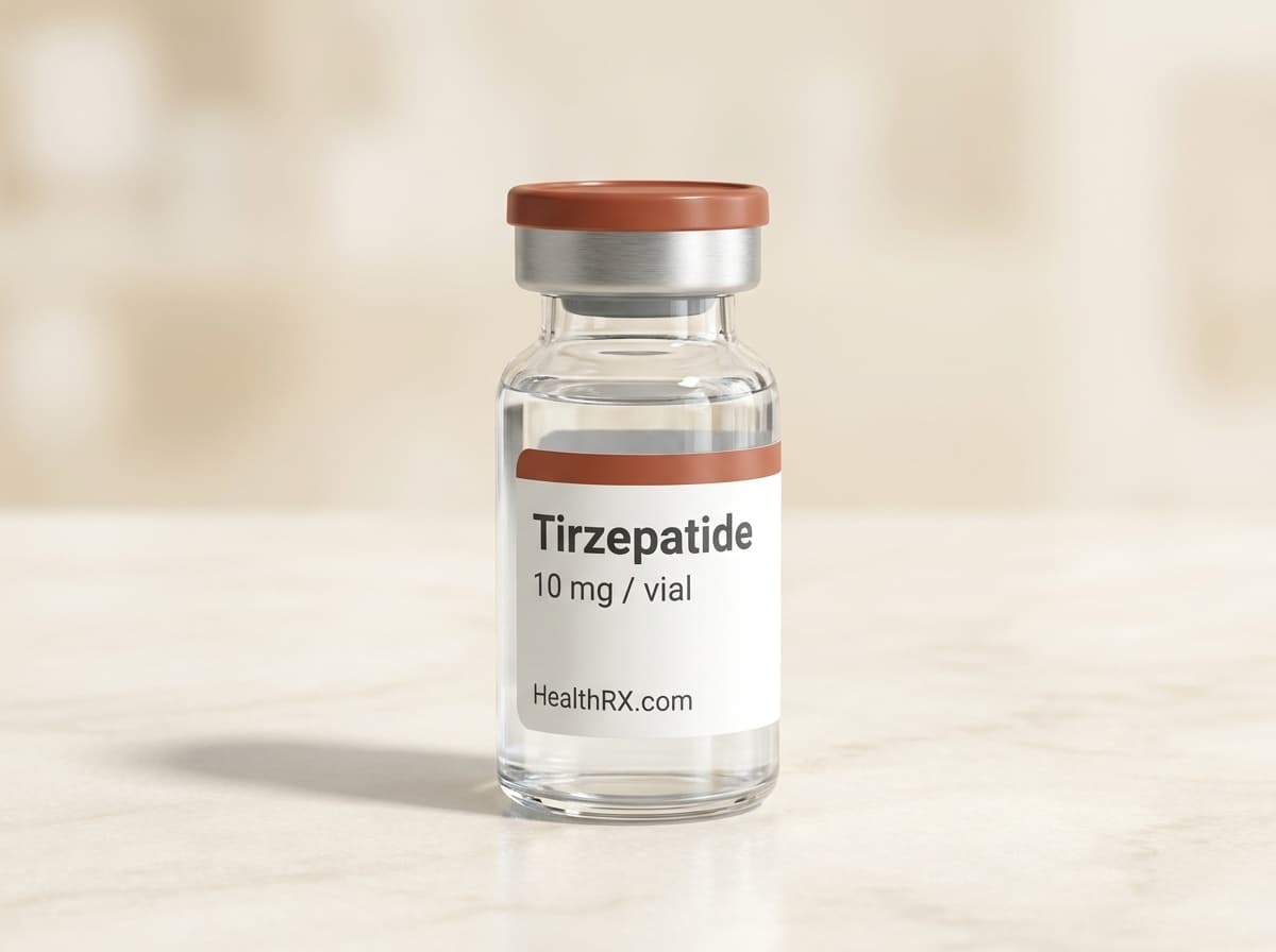 A glass medication vial of Compounded Tirzepatide