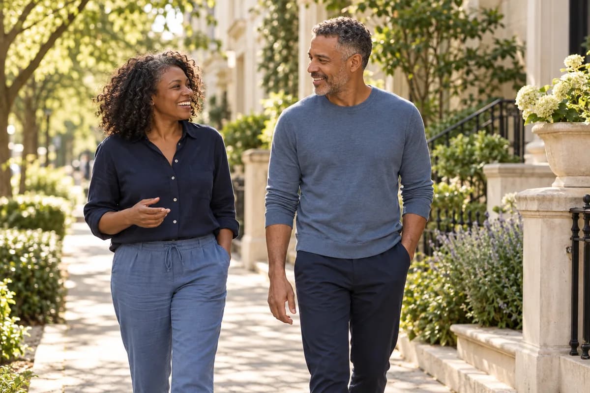 Two adults enjoying a morning walk outdoors