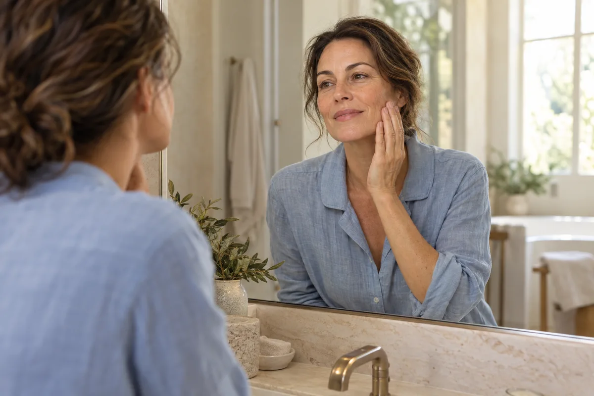 A woman looking in a mirror during her skincare routine