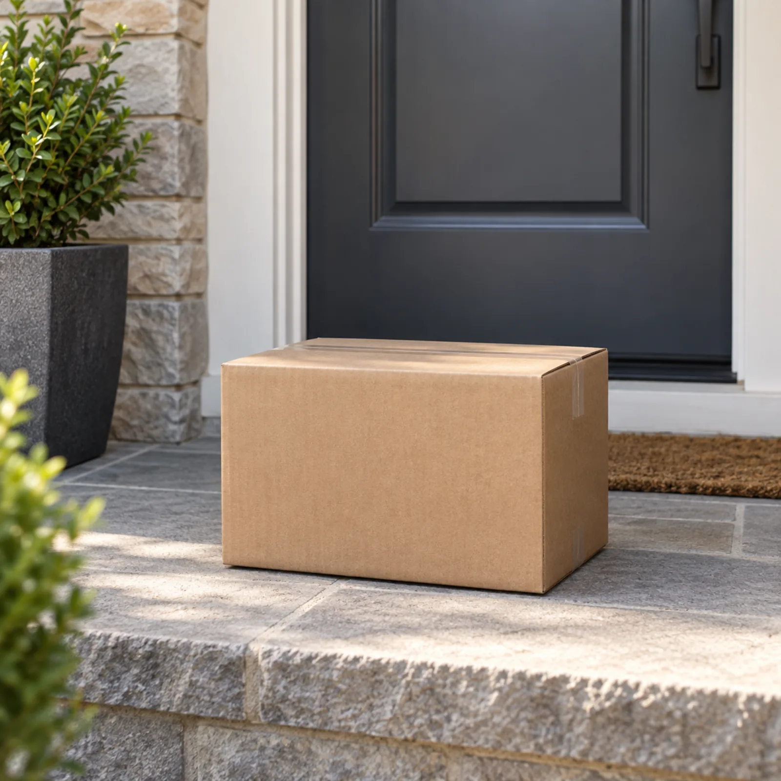 plain shipping box on a front doorstep