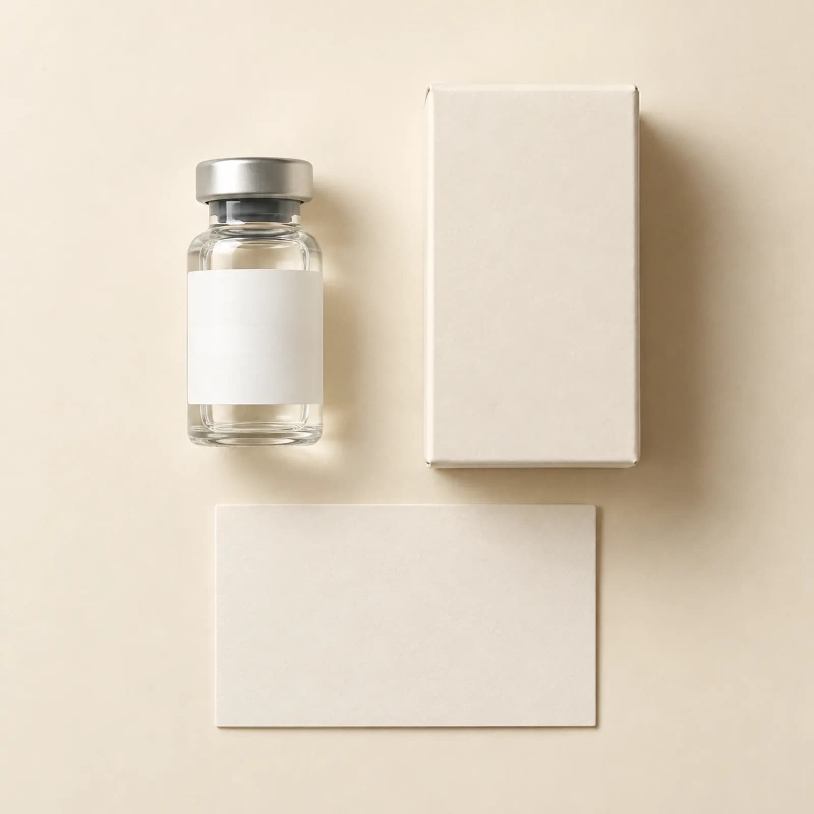 Medication vial beside a plain box and instruction card
