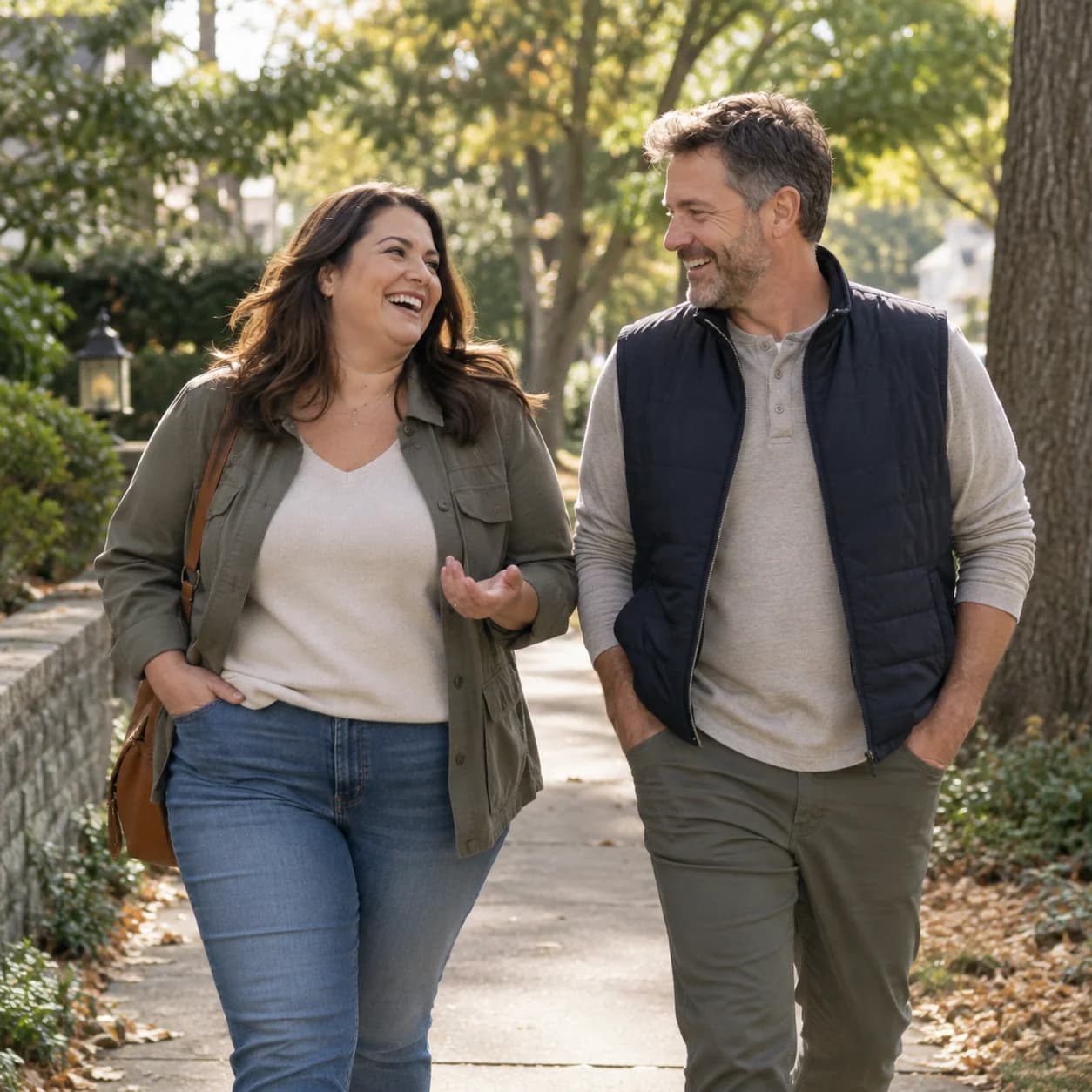friends walking and talking on a neighborhood path