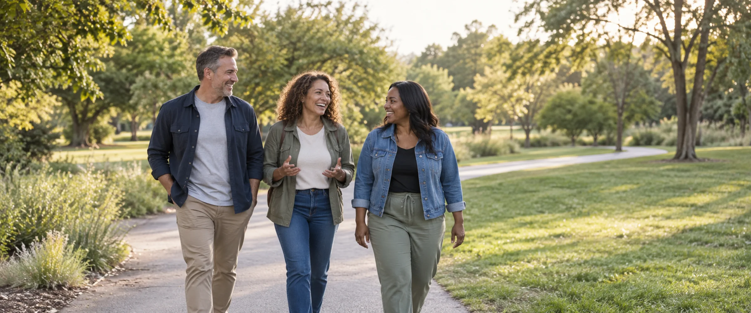 three adults walking and talking on a park path