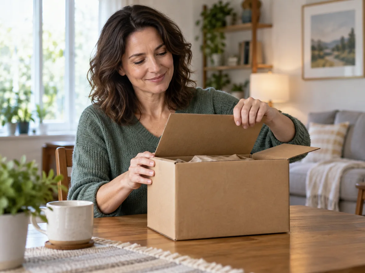 Illustrative adult opening a delivered box at home