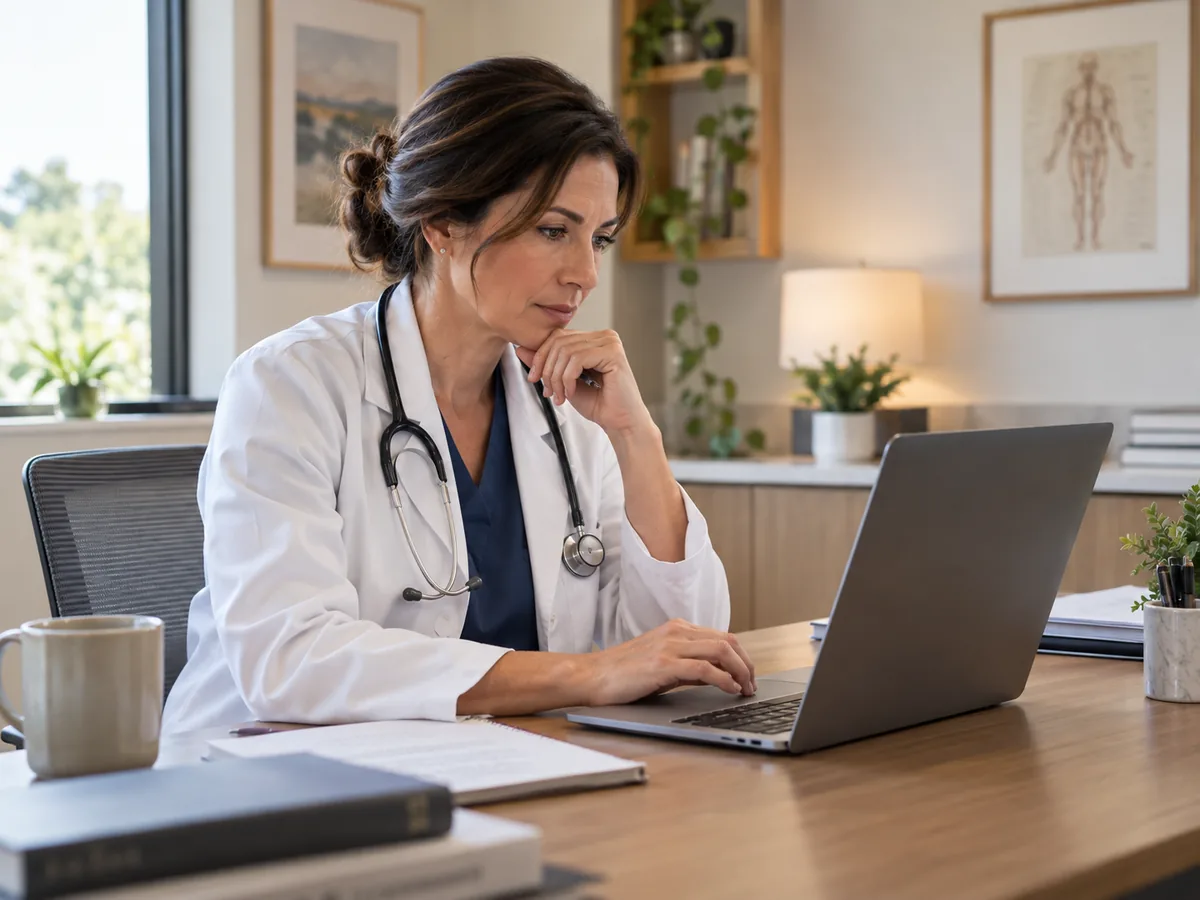 clinician reviewing a chart on a laptop