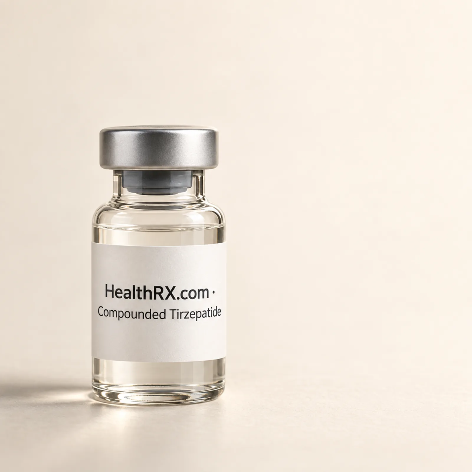 Illustrative vial labeled HealthRX.com compounded tirzepatide