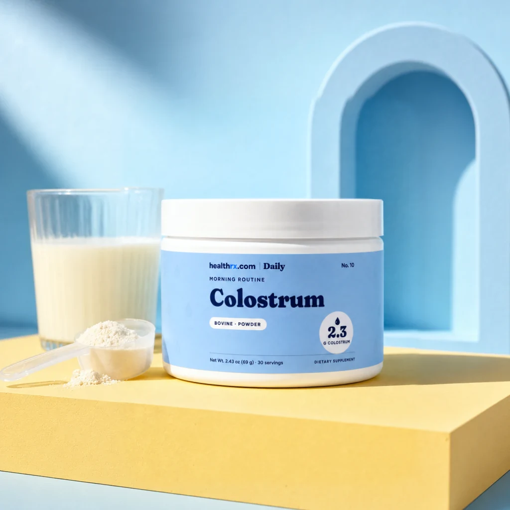 Colostrum Powder by HealthRX.com in its powder packaging, on a colored pedestal