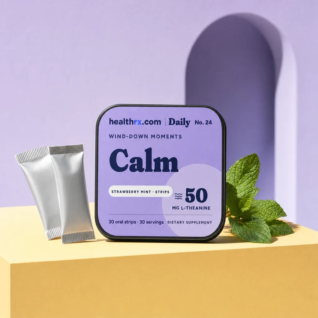 Calm Strips by HealthRX.com in its oral strips packaging, on a colored pedestal