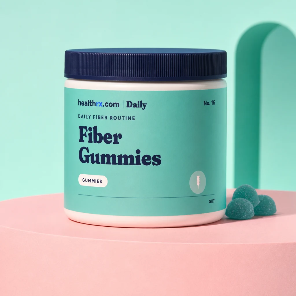 Daily Fiber Gummies by HealthRX.com in its gummies packaging, on a colored pedestal