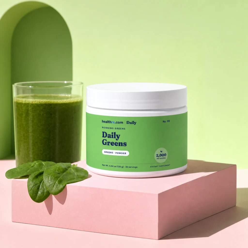 Daily Greens by HealthRX.com in its powder packaging, on a colored pedestal