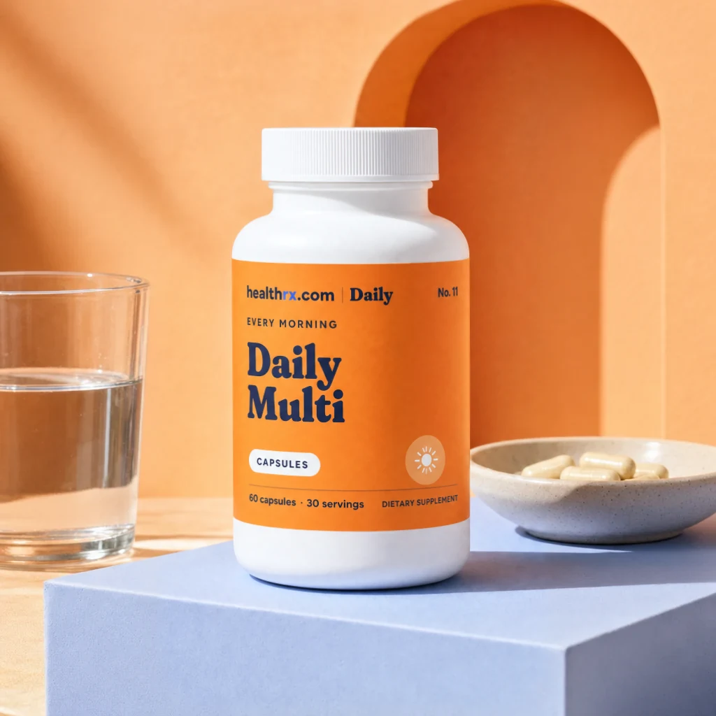 Daily Multivitamin by HealthRX.com in its capsules packaging, on a colored pedestal