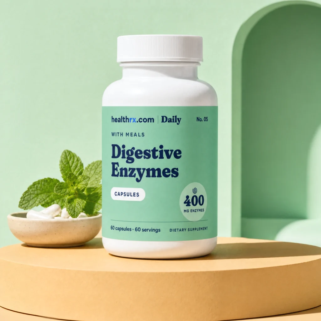 Digestive Enzymes by HealthRX.com in its capsules packaging, on a colored pedestal