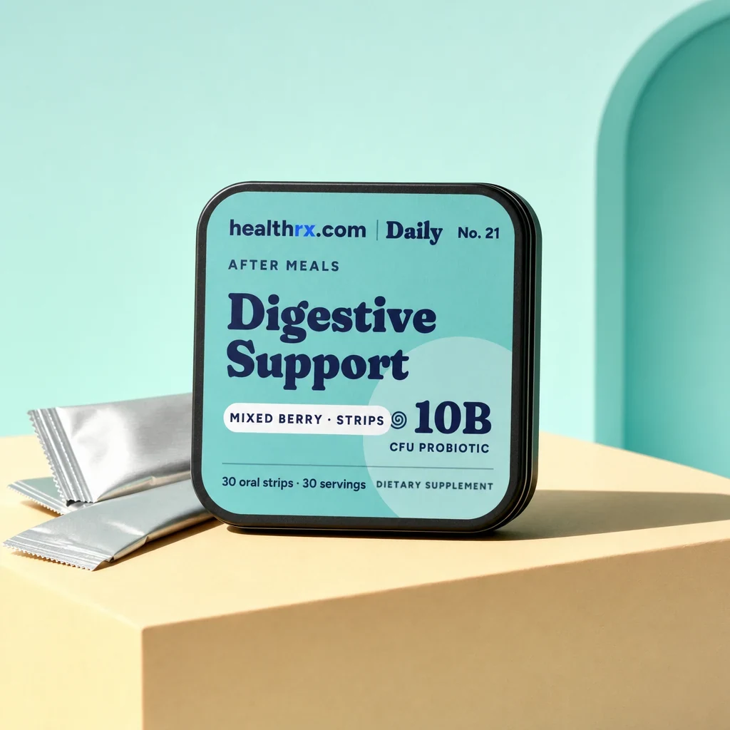 Digestive Support Strips by HealthRX.com in its oral strips packaging, on a colored pedestal