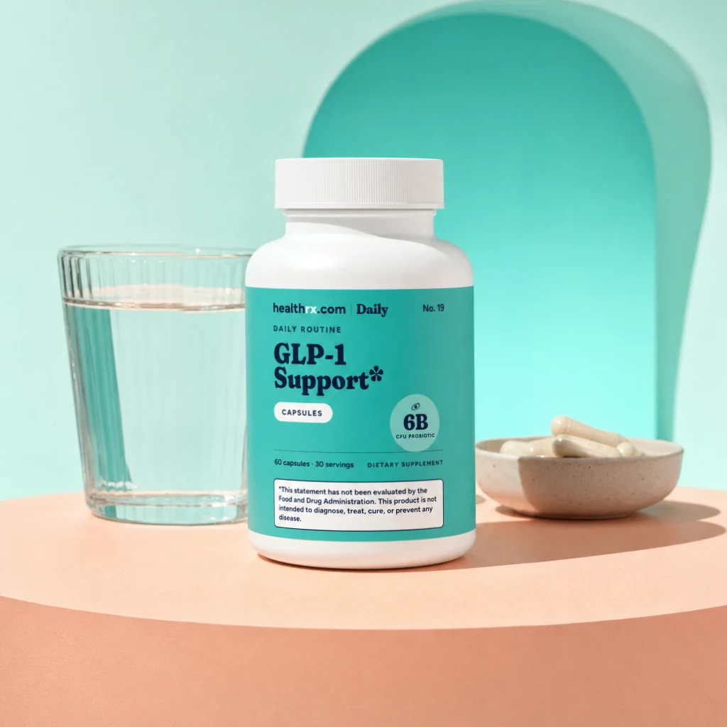 Daily GLP-1 Support by HealthRX.com in its capsules packaging, on a colored pedestal