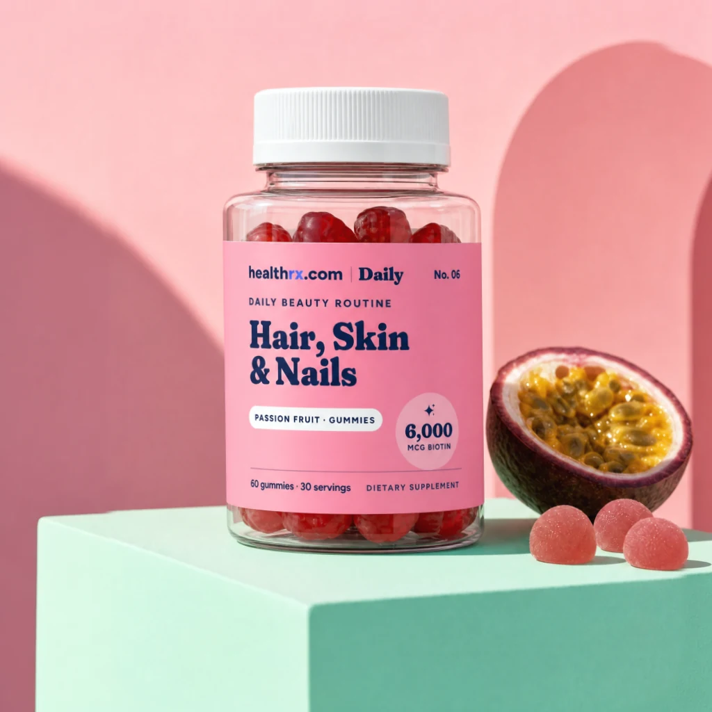 Hair, Skin & Nails Gummies by HealthRX.com in its gummies packaging, on a colored pedestal