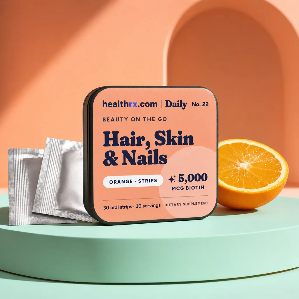 Hair, Skin & Nails Strips by HealthRX.com in its oral strips packaging, on a colored pedestal