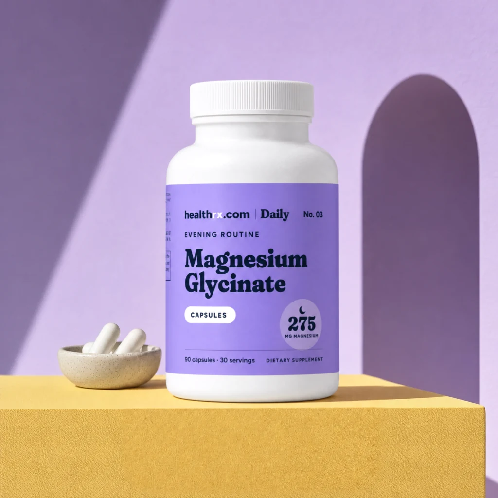Magnesium Glycinate by HealthRX.com in its capsules packaging, on a colored pedestal