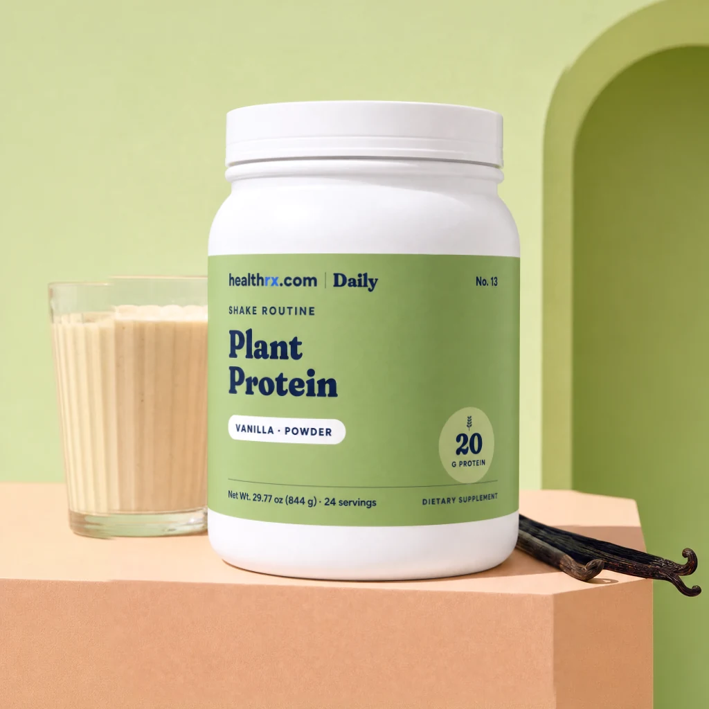 Vanilla Plant Protein by HealthRX.com in its vanilla powder packaging, on a colored pedestal