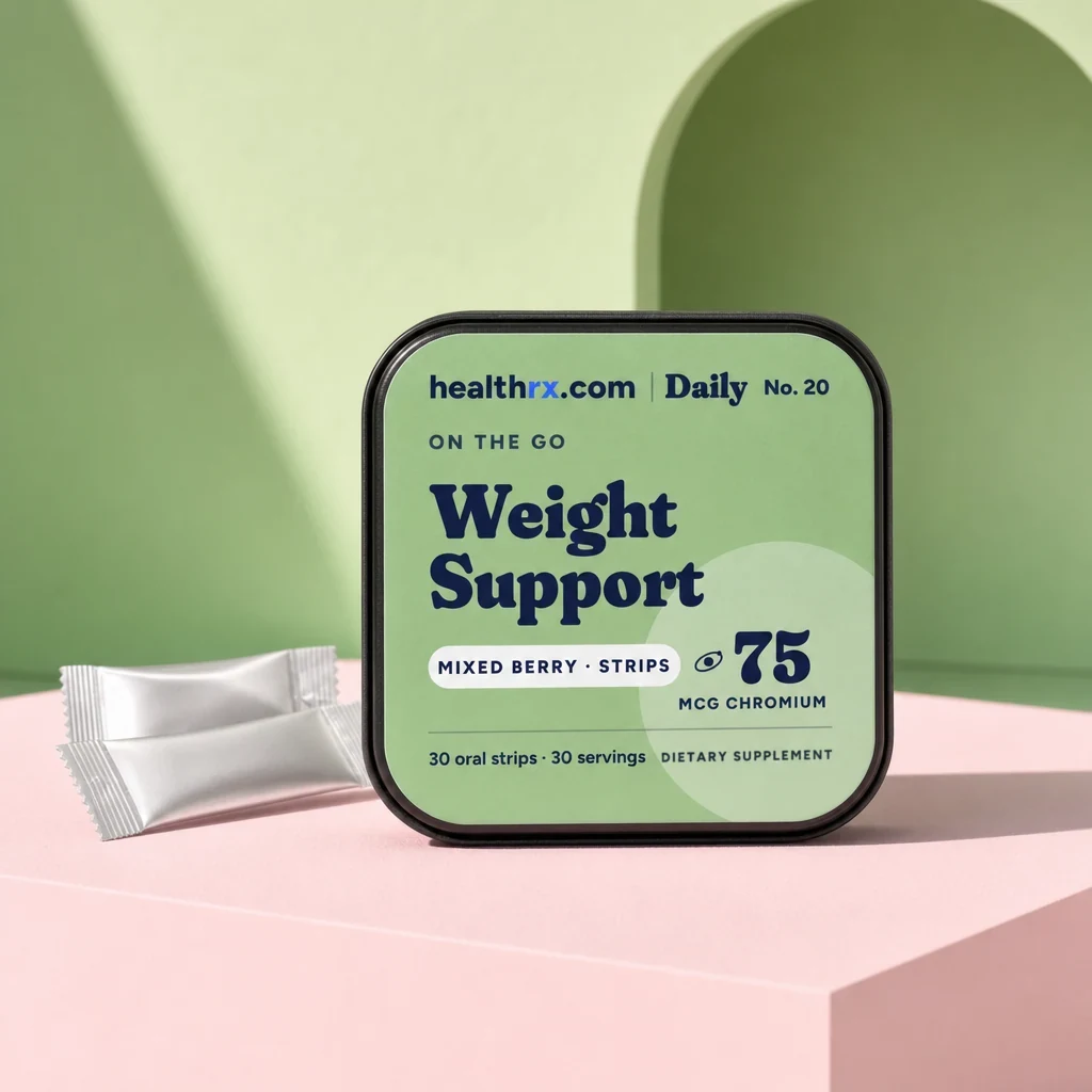 Weight Support Strips by HealthRX.com in its oral strips packaging, on a colored pedestal