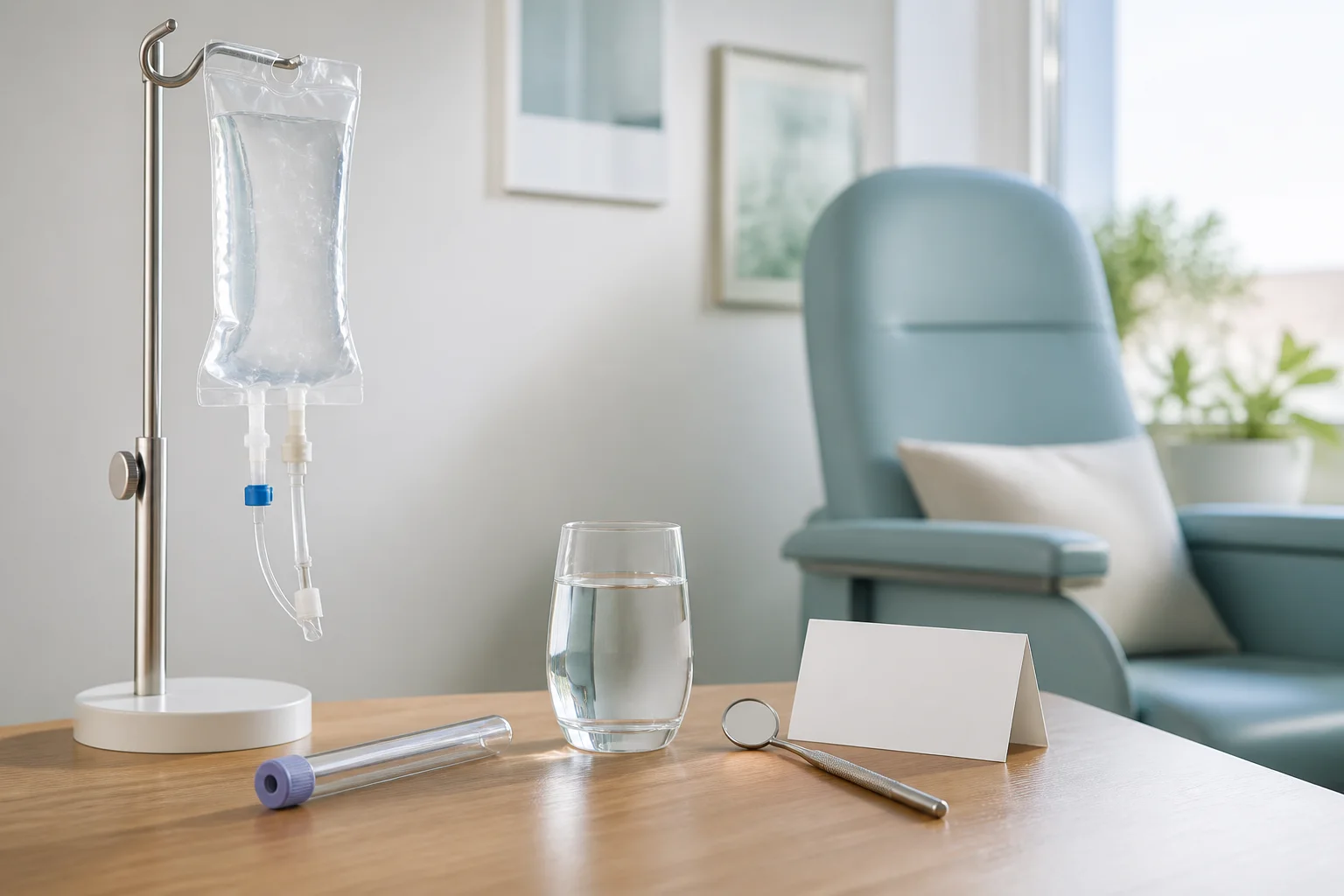 Zoledronic acid infusion setup with water, a laboratory tube, and an oral examination mirror