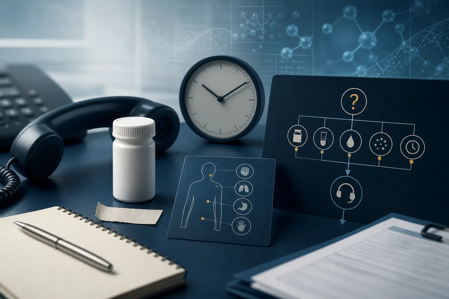 BPC-157 accidental-exposure triage desk with product record, telephone, clock, and evidence decision diagram