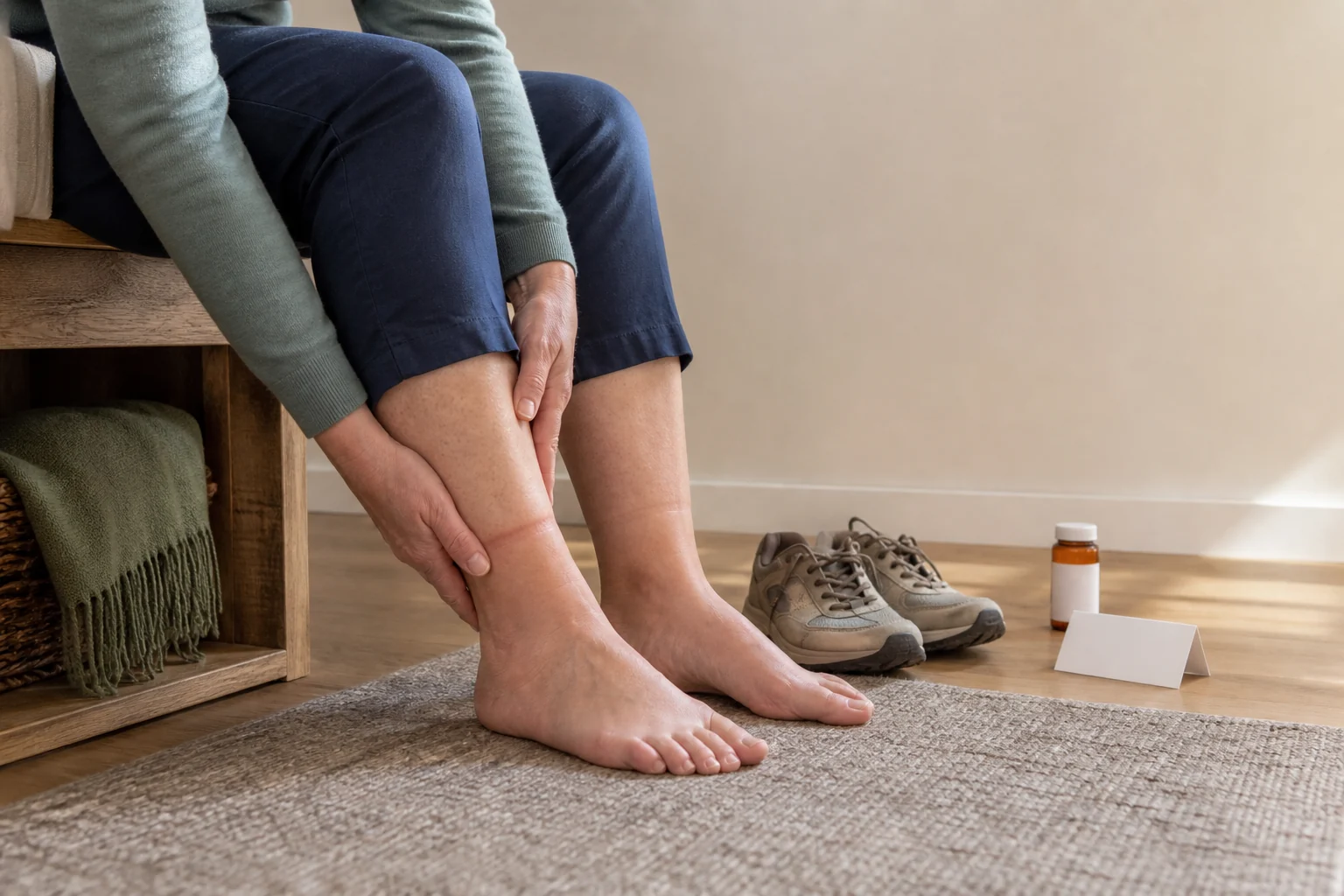 Person comparing both ankles after removing shoes, with a subtle sock-line indentation and an unlabeled medicine bottle nearby