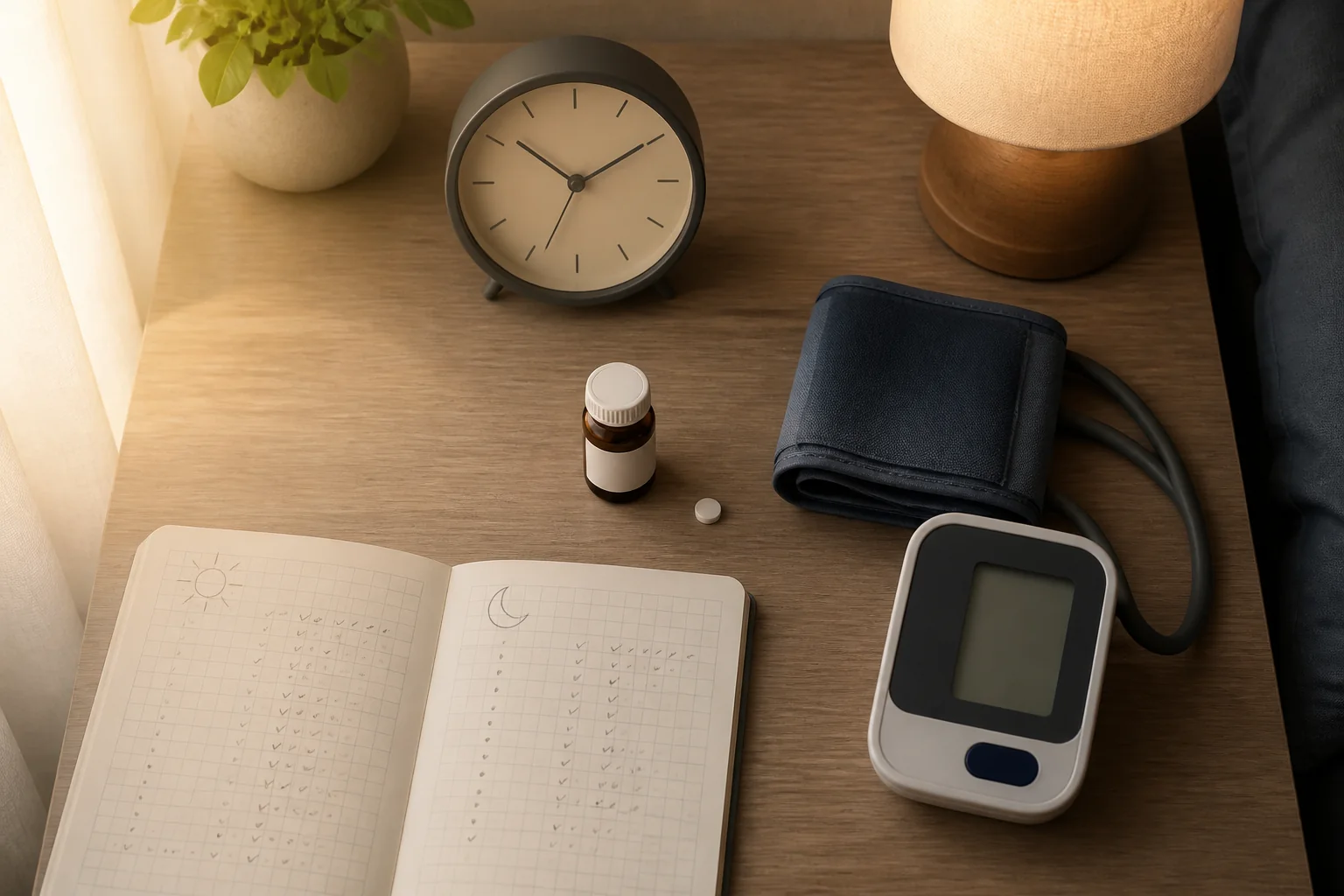 Unbranded amlodipine bottle and tablet beside a clock, blood-pressure cuff, and morning-and-night tracking notebook