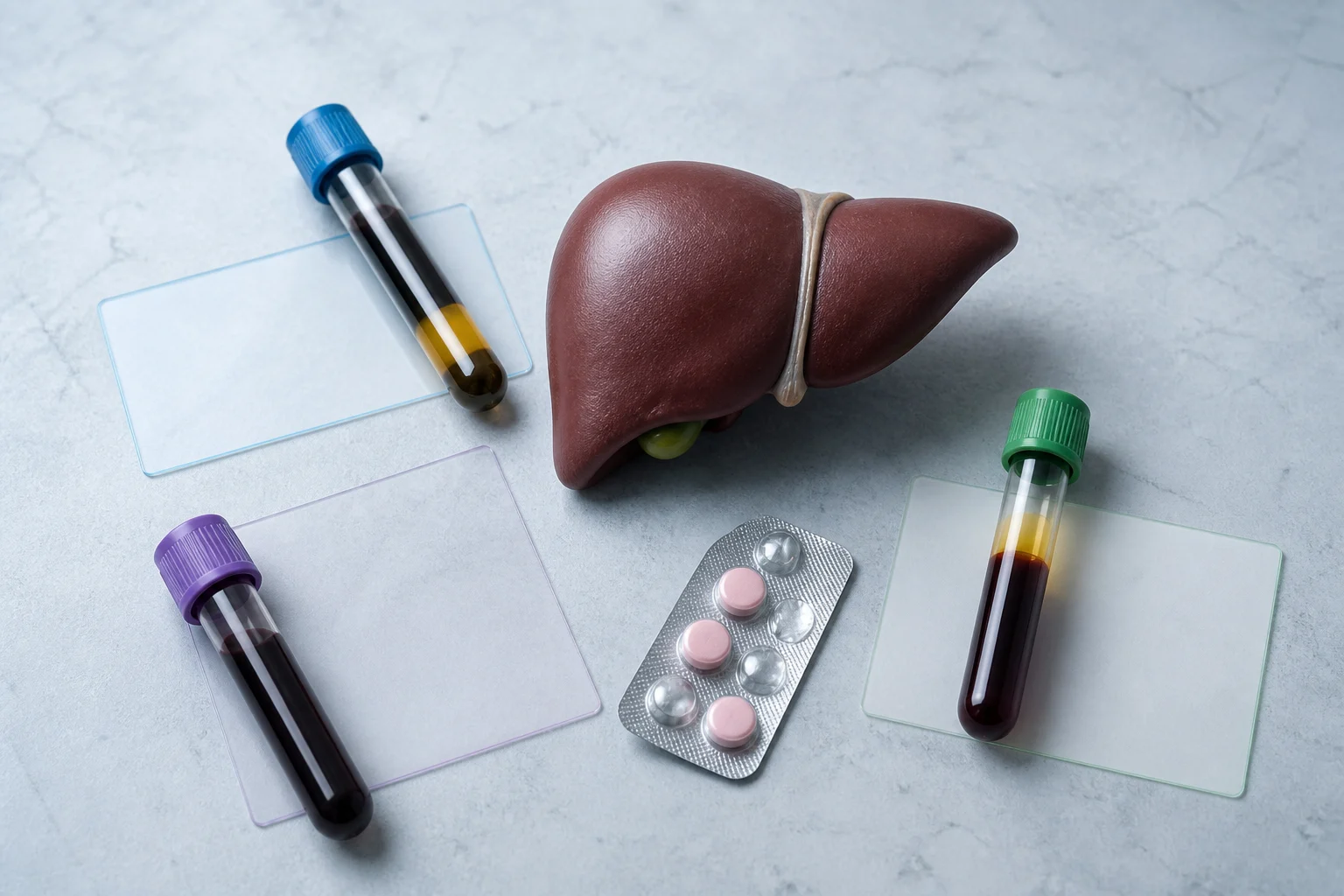Three blood-sample channels and blank laboratory cards arranged around a liver model and unlabeled tablet blister