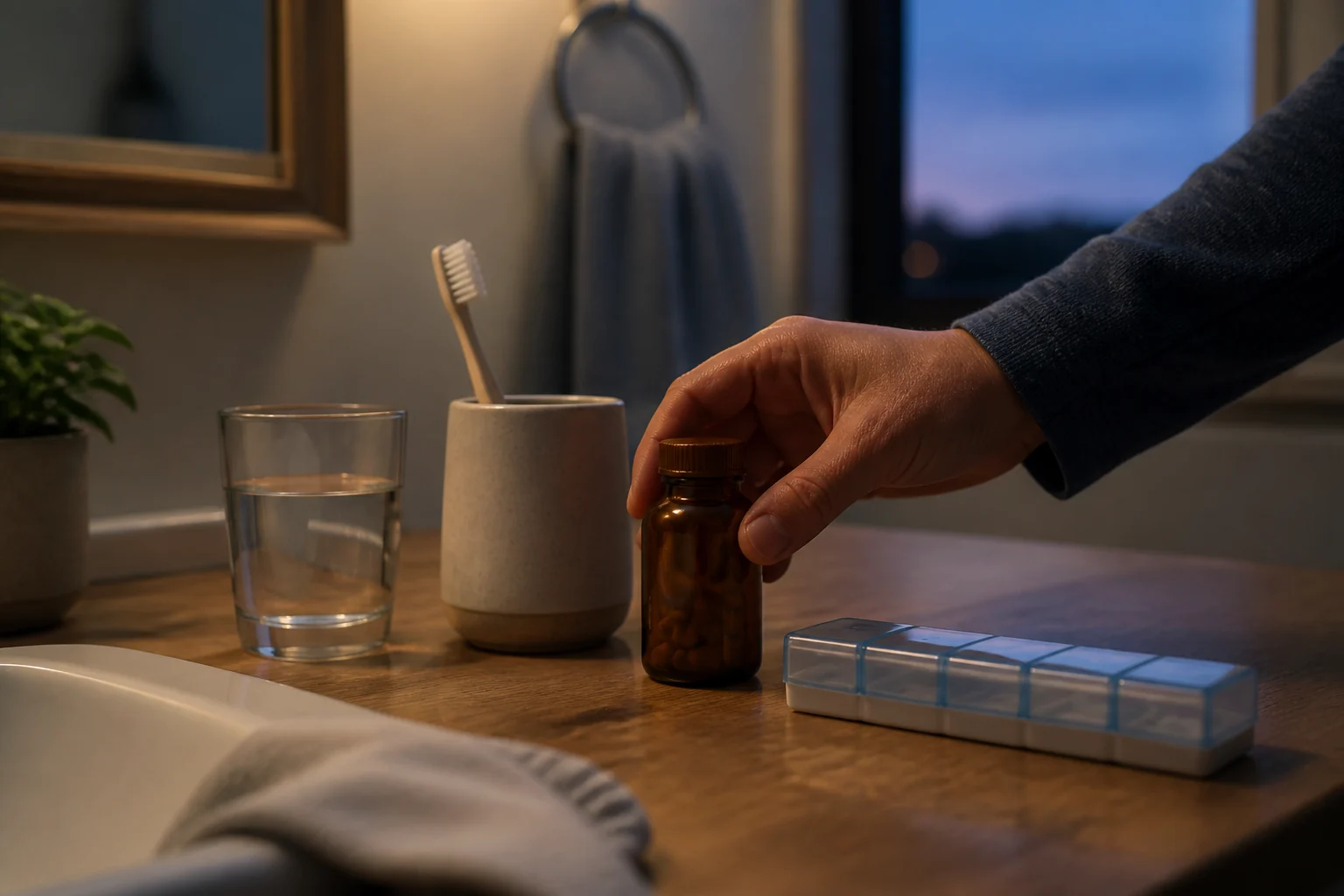 Unbranded rosuvastatin bottle, water, pill organizer, and bedside clock at night