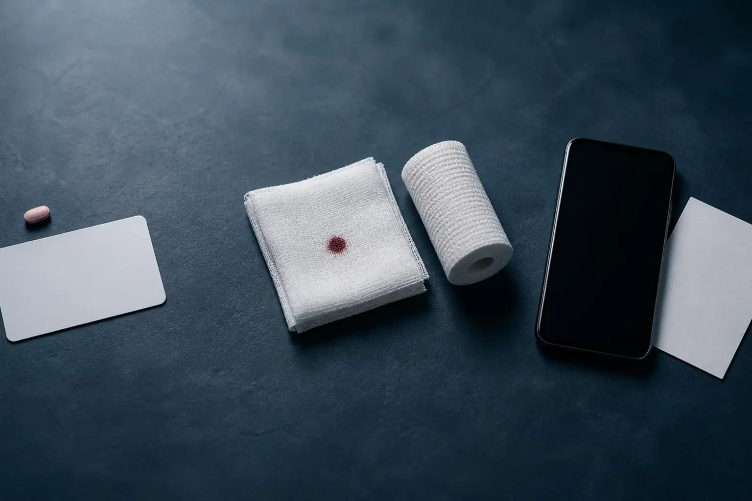 Small blood spot on folded gauze beside a bandage roll, blank phone, medicine tablet, and blank response cards