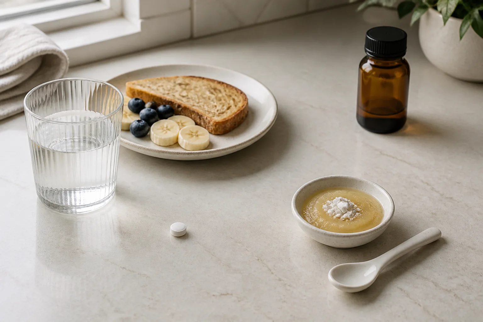 Intact tablet with water and breakfast beside a separate crushed-tablet applesauce preparation
