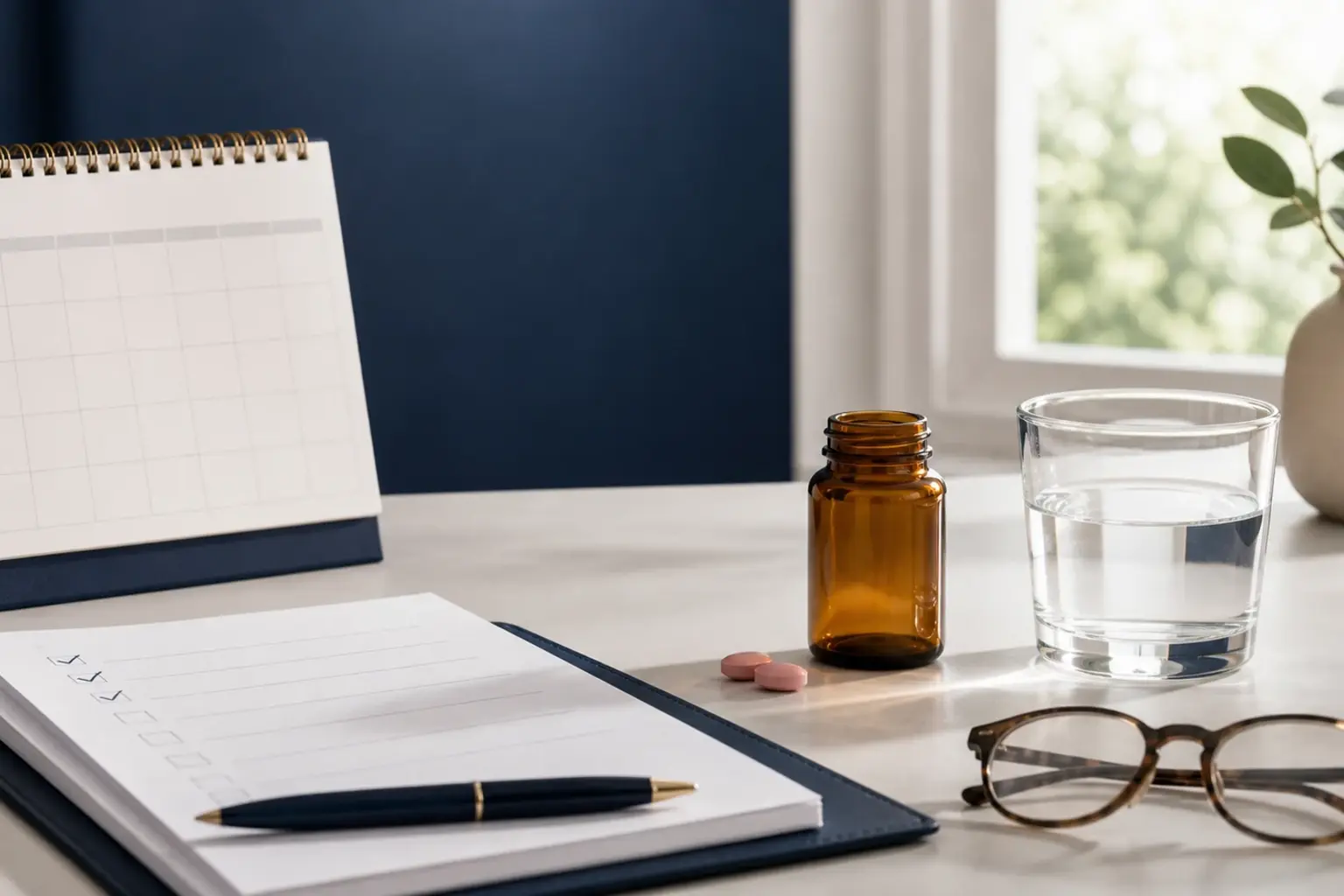 Calendar, reassessment checklist, water glass, and unlabeled medicine bottle representing continued anticoagulant review