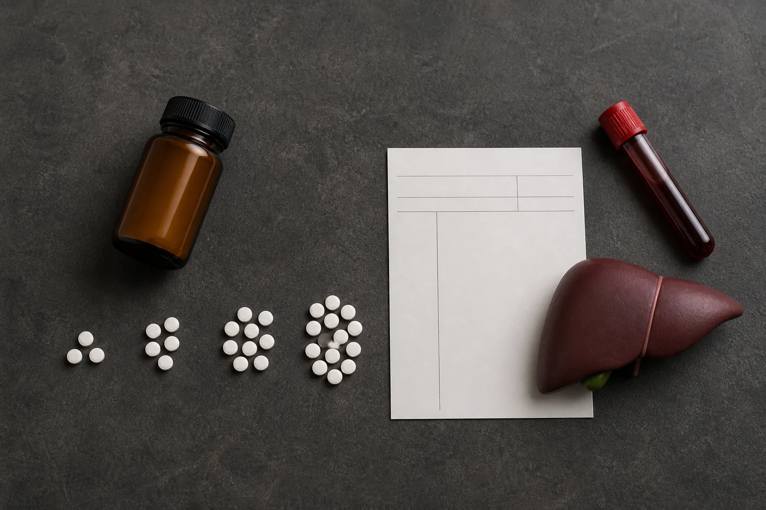 Four groups of plain tablets, an unlabeled bottle, blood tube, blank lab card, and liver model arranged as an exposure-to-signal record