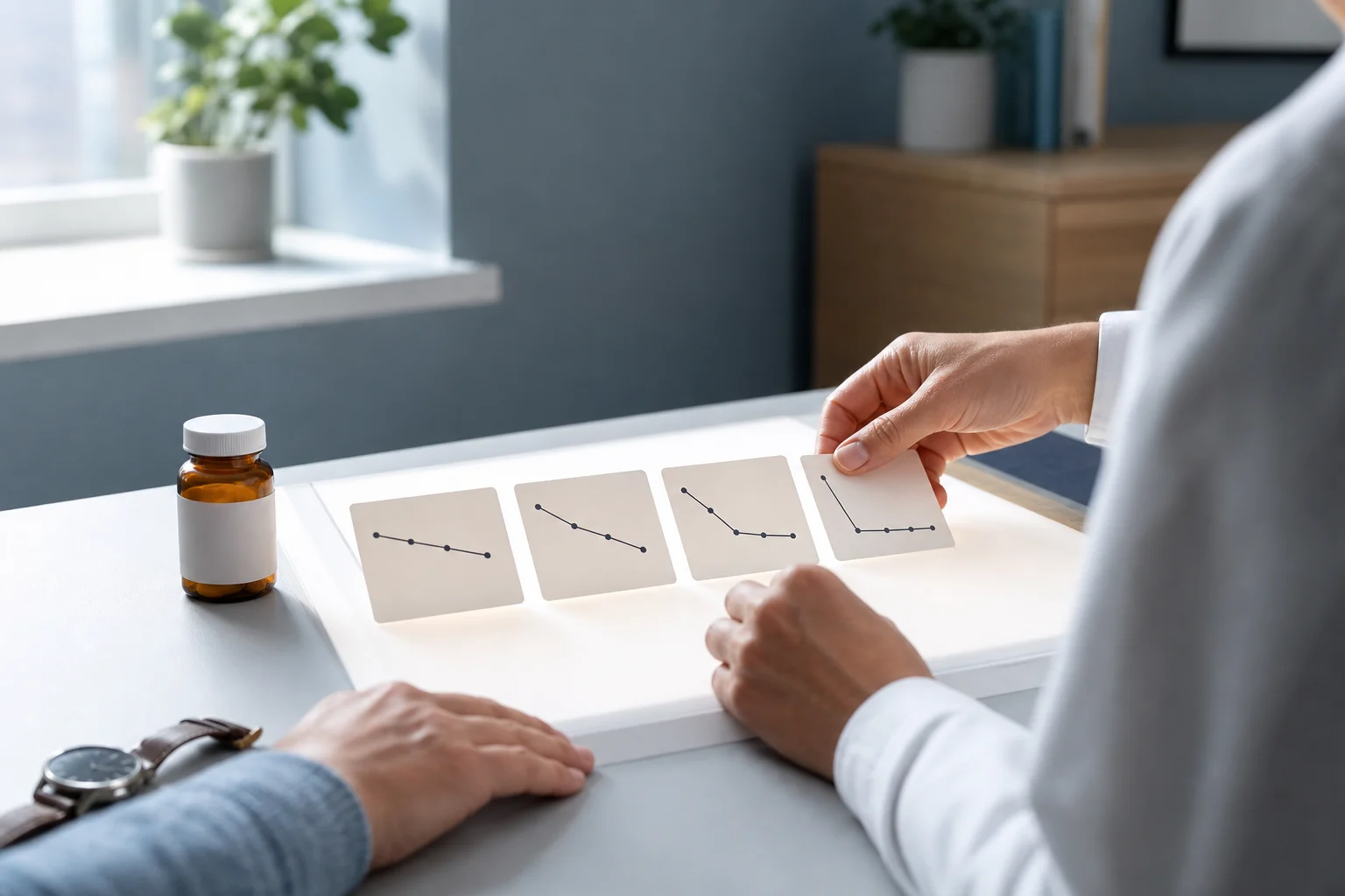 Clinician arranging four unlabeled lipid-trend cards beside an atorvastatin bottle and analog watch