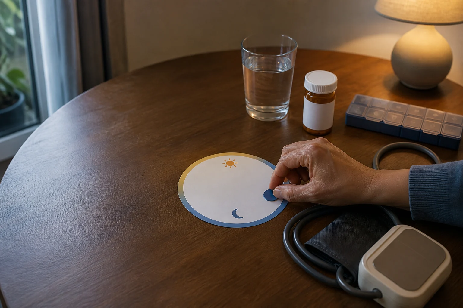 Hand choosing between sunrise and moon markers beside a blood pressure cuff, water, and an unlabeled medicine bottle