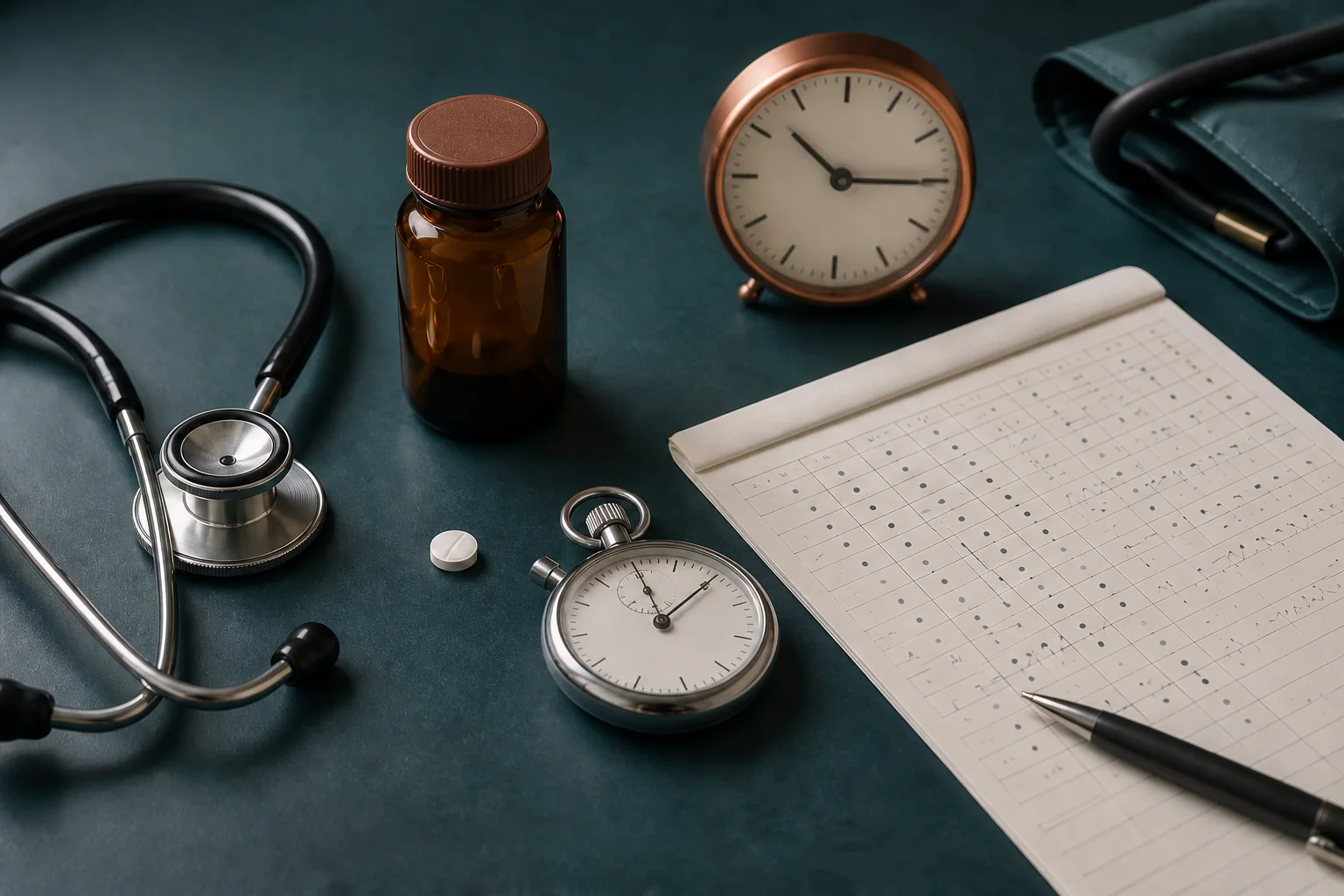 Unbranded metoprolol bottle, two timing instruments, stethoscope, blood-pressure cuff, and unlabeled monitoring chart