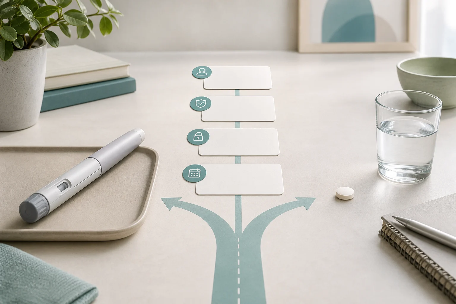 Unbranded weekly injection and daily tablet beside a four-part switching decision path