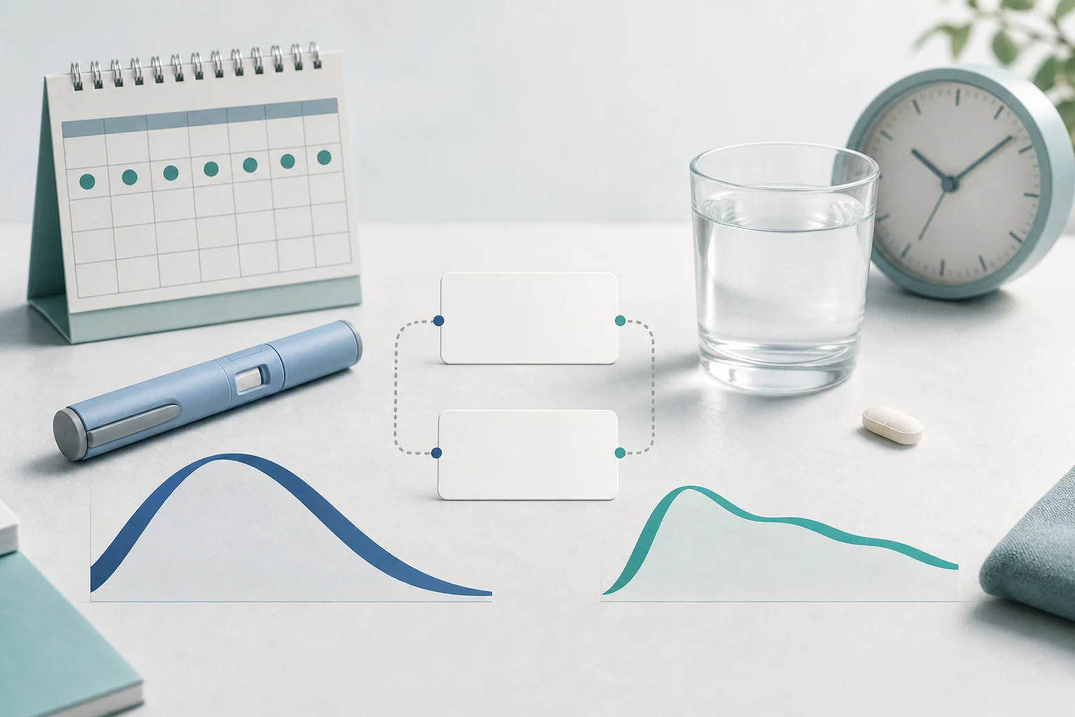 Unbranded injection and tablet with a calendar, morning clock, and different exposure curves