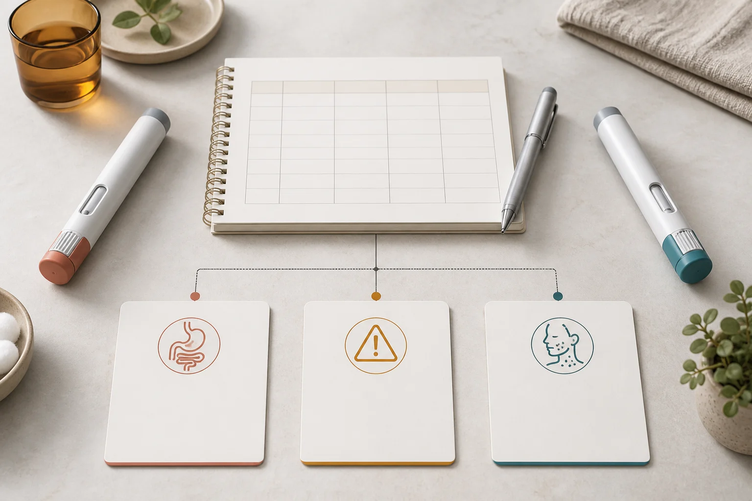 Two unbranded injection pens beside a symptom diary and three-lane reaction triage