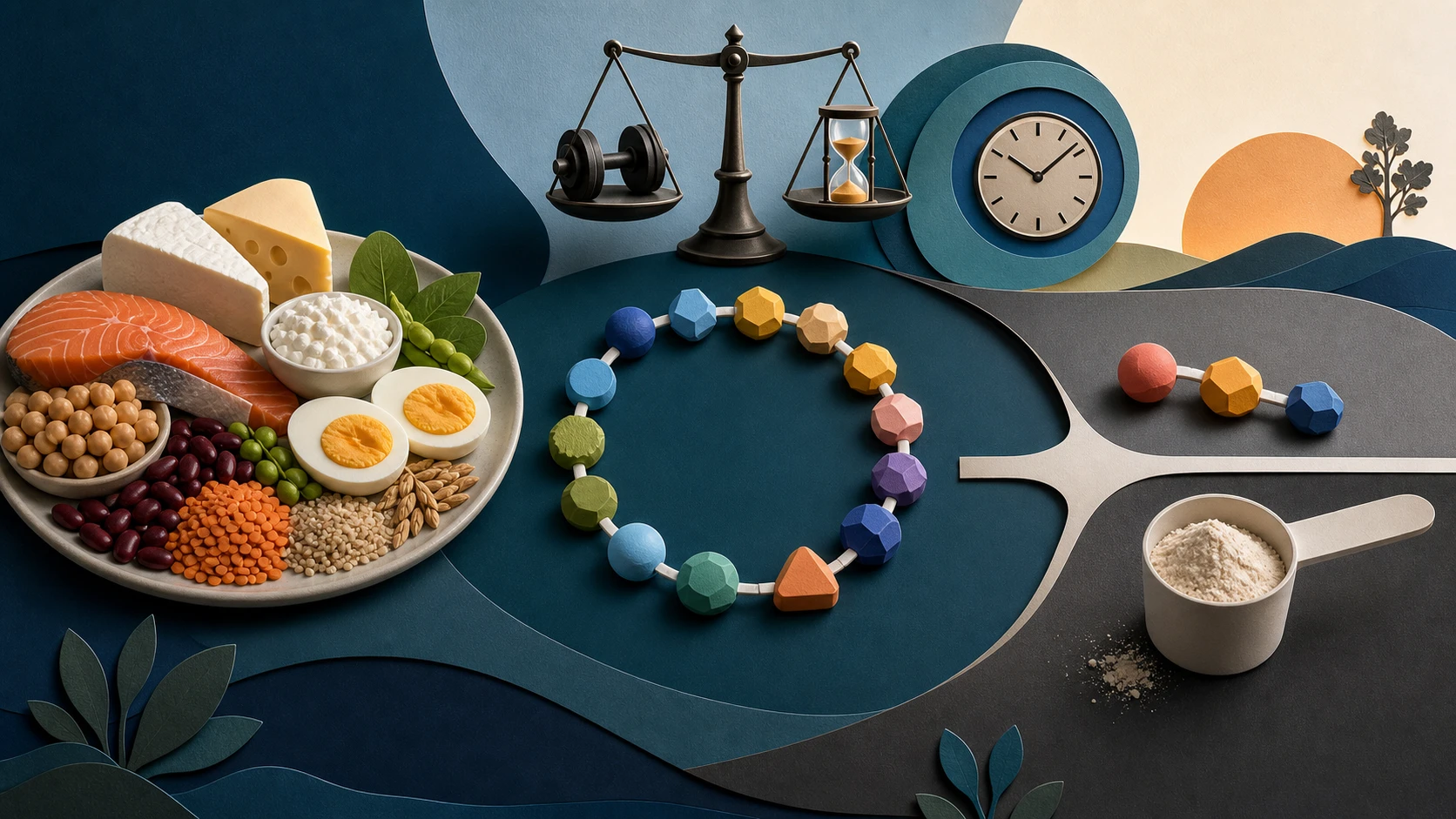 Complete protein foods and a full amino-acid chain beside an incomplete three-bead branch and an unbranded supplement scoop