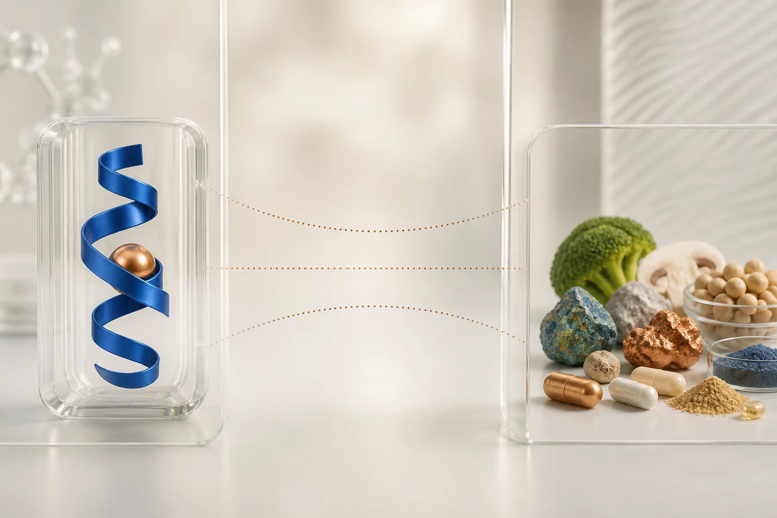 Copper-blue tripeptide and nutrient or supplement evidence are held in separate transparent compartments with an unbridged evidence gap; no dosing or route claim.
