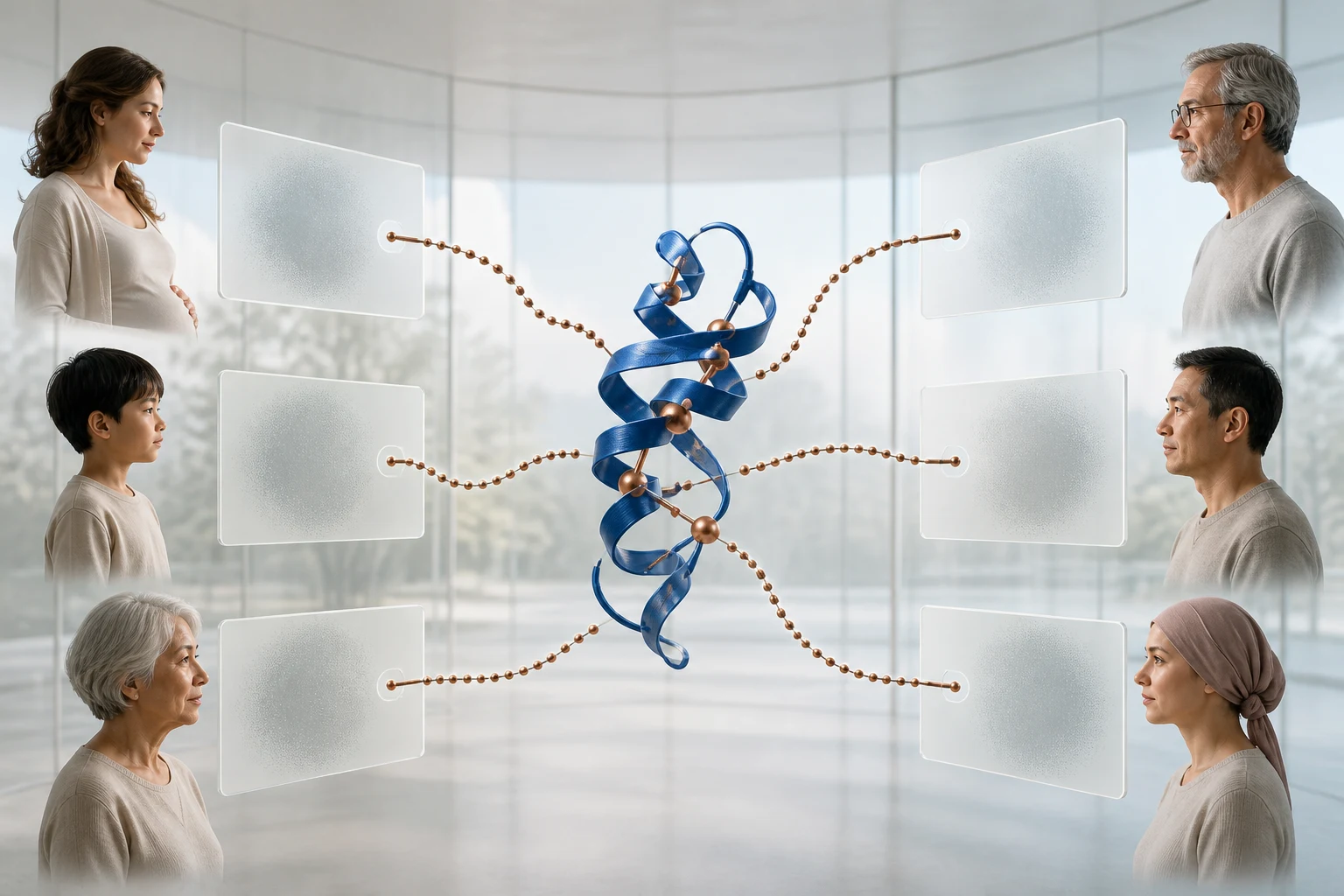 A diverse set of age and life-stage profiles connects to a central copper-blue peptide through separate pathways that stop at blank evidence panels.