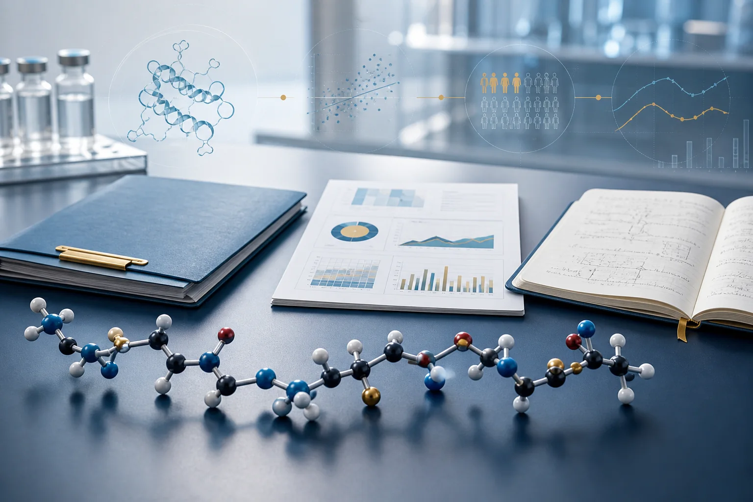 Peptide molecular model beside regulatory records, clinical-trial data, and a research notebook