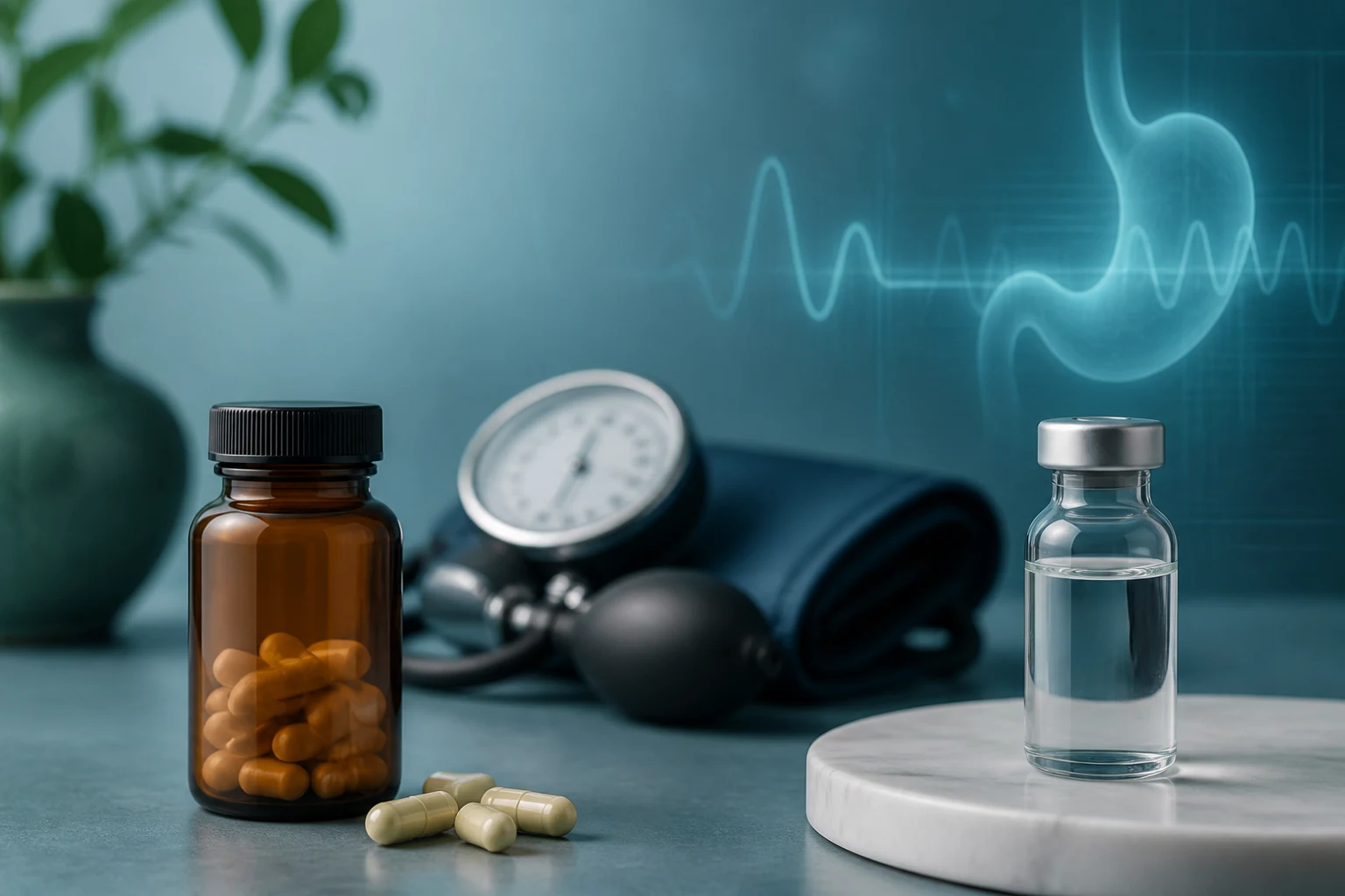 Separate antidepressant and investigational-vial pathways sit beside blood-pressure and gastric-motility evidence without suggesting compatibility.
