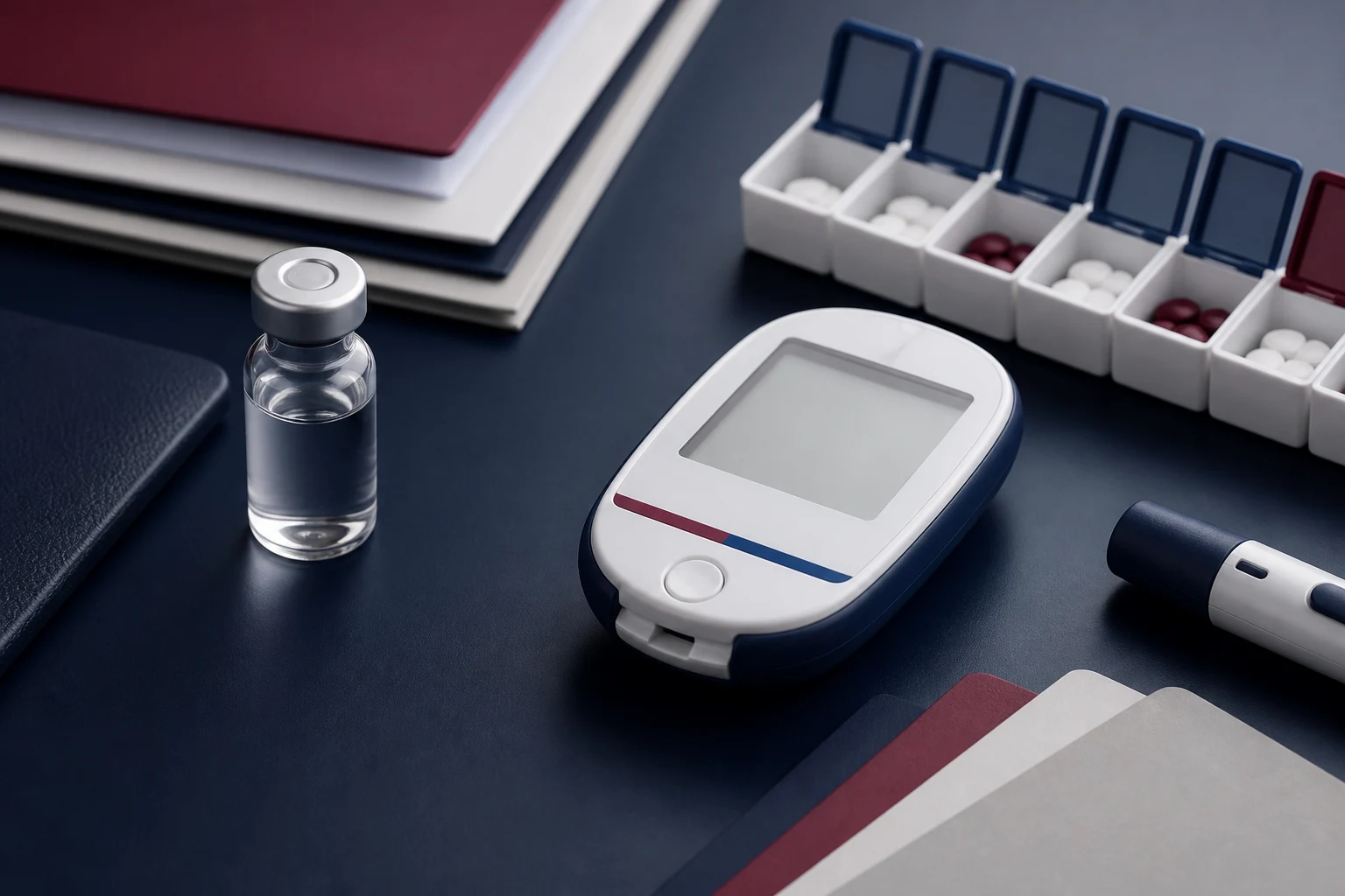 A research vial, pill organizer, blank INR device, and evidence folders keep exposure study, anticoagulation care, and missing results visually separate.