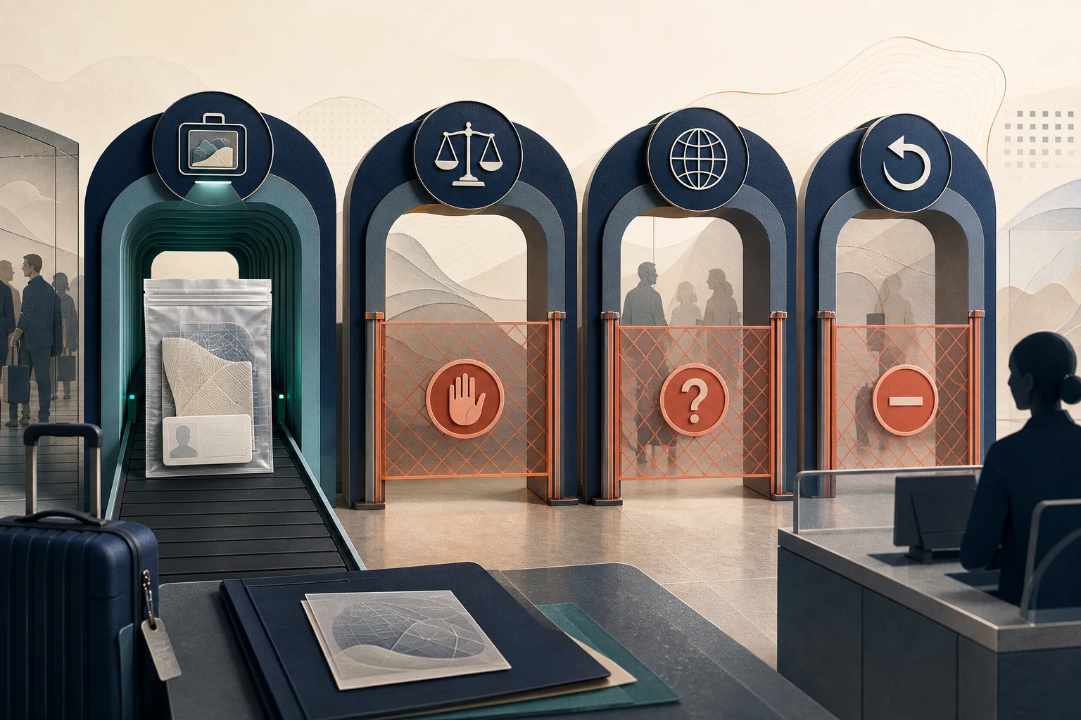 An identity packet passes a physical scanner but meets separate closed gates for possession, destination entry, and return admissibility.