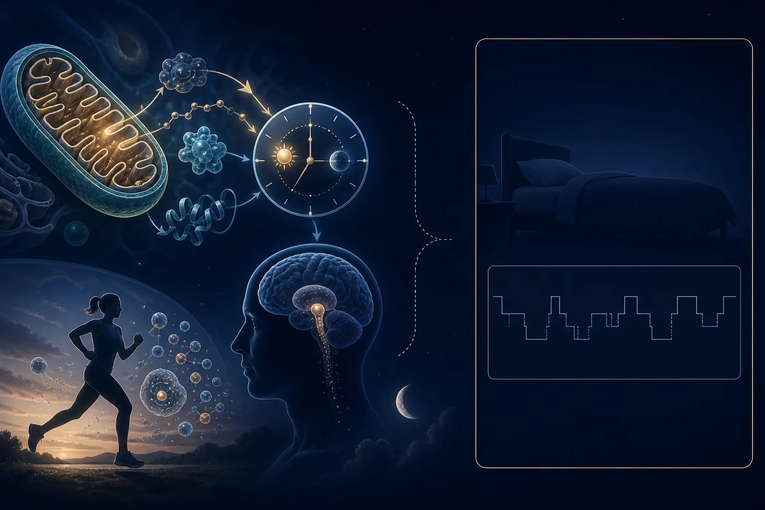 Mitochondrial and circadian mechanisms plus an endogenous-exercise path stop before a blank human bed and sleep-wave outcome panel.