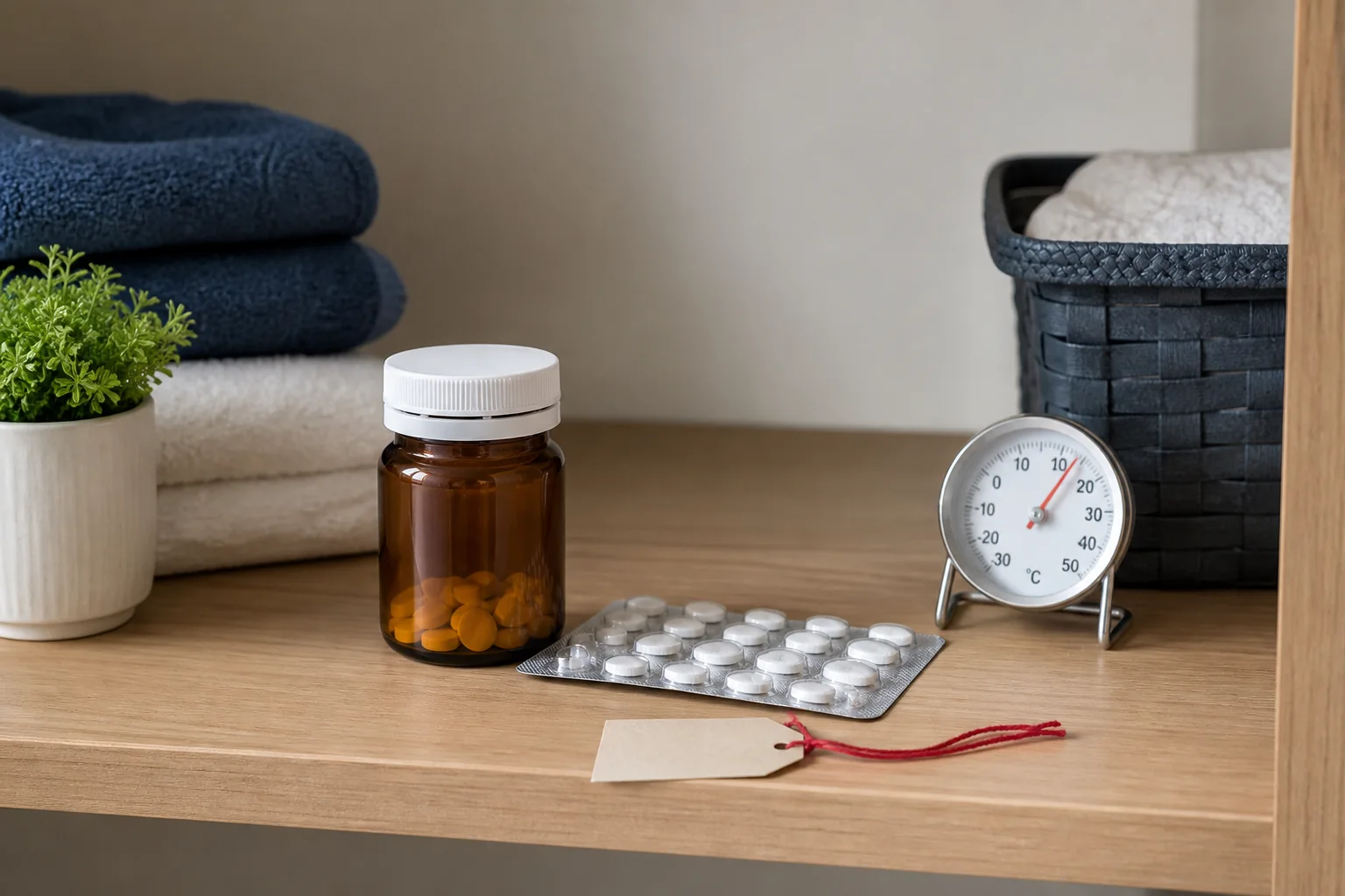 Closed unbranded medicine bottle, sealed blister, room thermometer, and expiration tag on a dry storage shelf
